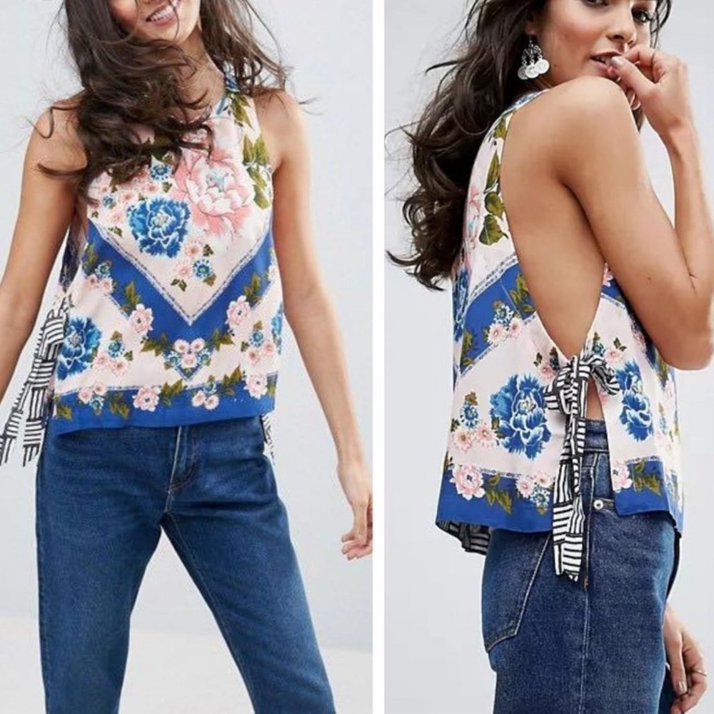 NWOT Free People Floral Tank Top W/ Tie Sides Sz M